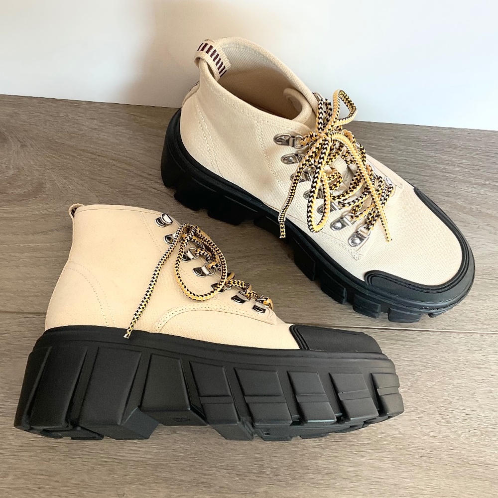 ZARA Off White Canvas Chunky Heel Boots Size 6.5 EU 37 - Picture 3 of 12